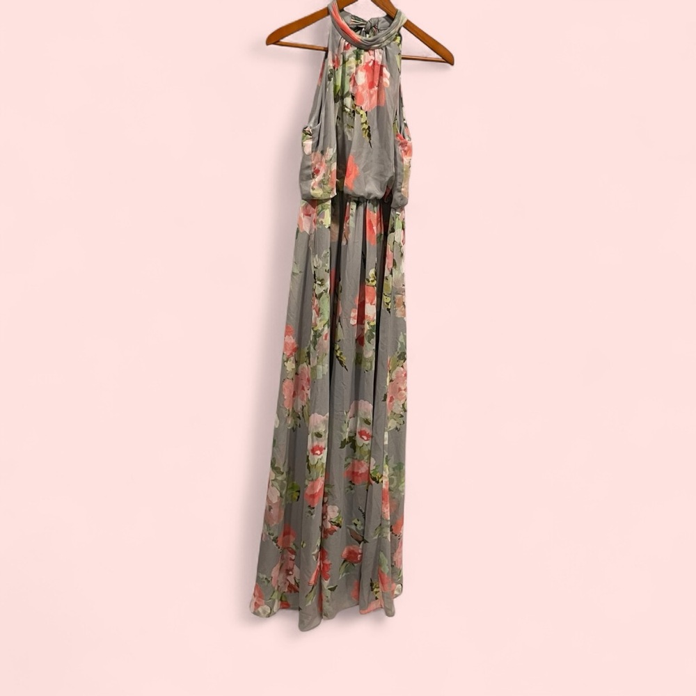 Stunning floral roses maxi halter blouson dress Adrianna Papell flowy boho sexy